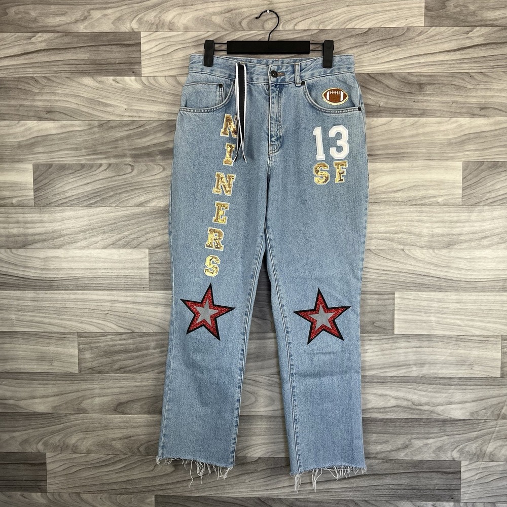 The RAGGED Priest Jeans Women 30 Blue Patch Applique Denim Straight Light Wash
